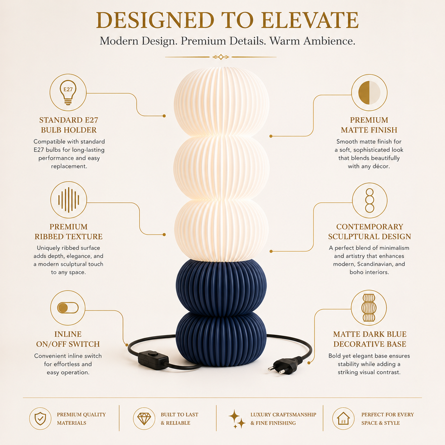 Modern Ribbed Table Lamp | Matte White & Dark Blue | E27 Decorative Bedside Lamp | Contemporary Sculptural Table Light