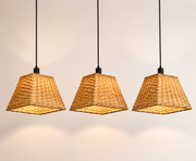 3-Light Handwoven Rattan Linear Pendant Light with Brushed Gold Canopy | E14 Holders