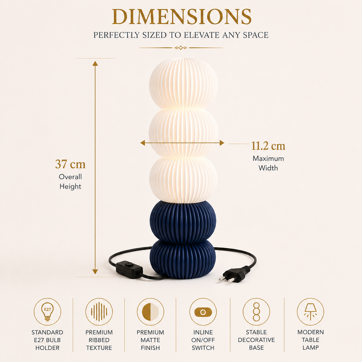 Modern Ribbed Table Lamp | Matte White & Dark Blue | E27 Decorative Bedside Lamp | Contemporary Sculptural Table Light