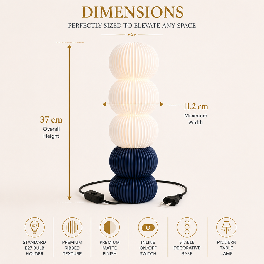 Modern Ribbed Table Lamp | Matte White & Dark Blue | E27 Decorative Bedside Lamp | Contemporary Sculptural Table Light