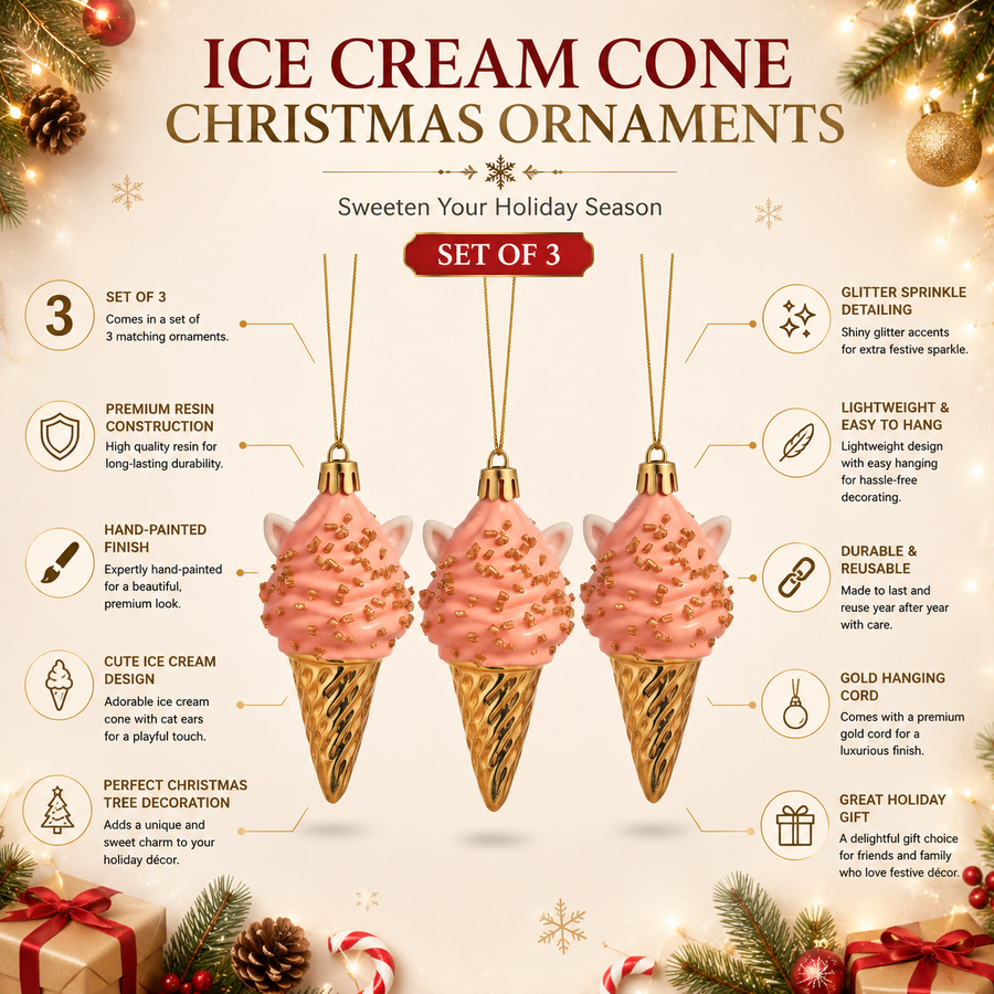 Ice Cream Cone Christmas Tree Ornaments – Set of 3
