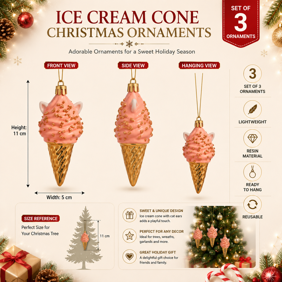 Ice Cream Cone Christmas Tree Ornaments – Set of 3