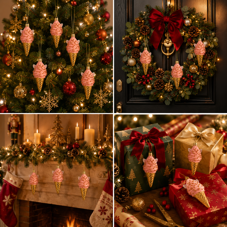 Ice Cream Cone Christmas Tree Ornaments – Set of 3