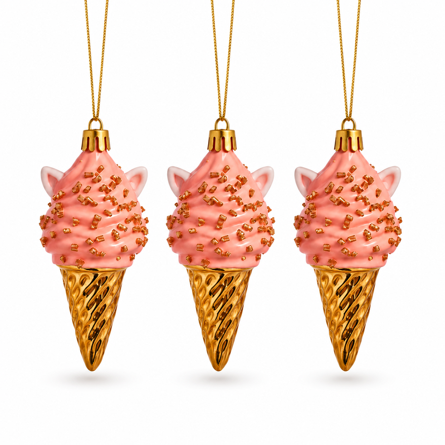 Ice Cream Cone Christmas Tree Ornaments – Set of 3
