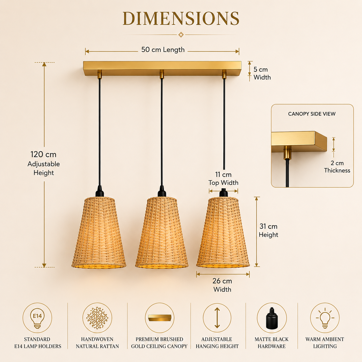 3-Light Handwoven Rattan Linear Pendant Light with Brushed Gold Canopy
