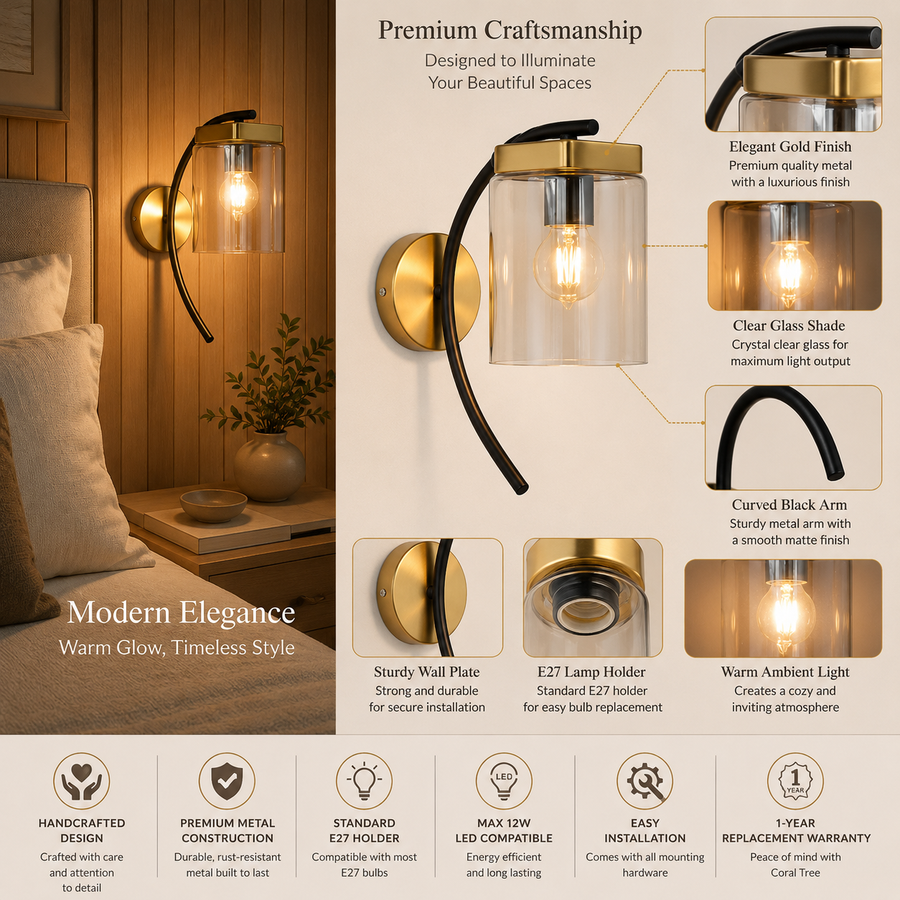 Modern Smoke Glass Wall Light with Gold & Black Metal Finish | E27 Bulb Included