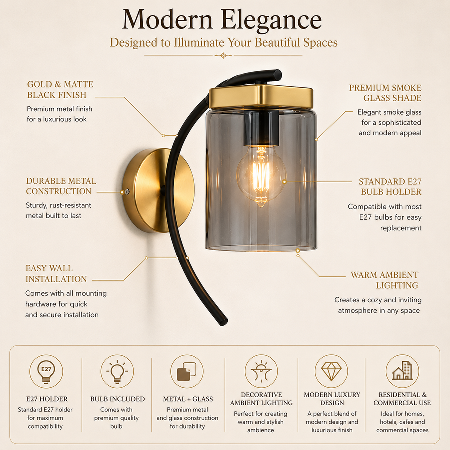 Modern Smoke Glass Wall Light with Gold & Black Metal Finish | E27 Bulb Included