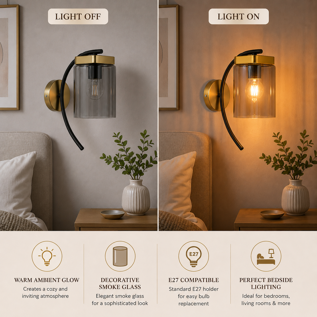Modern Smoke Glass Wall Light with Gold & Black Metal Finish | E27 Bulb Included