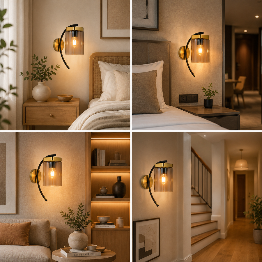 Modern Smoke Glass Wall Light with Gold & Black Metal Finish | E27 Bulb Included