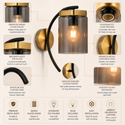 Modern Smoke Glass Wall Light with Gold & Black Metal Finish | E27 Bulb Included