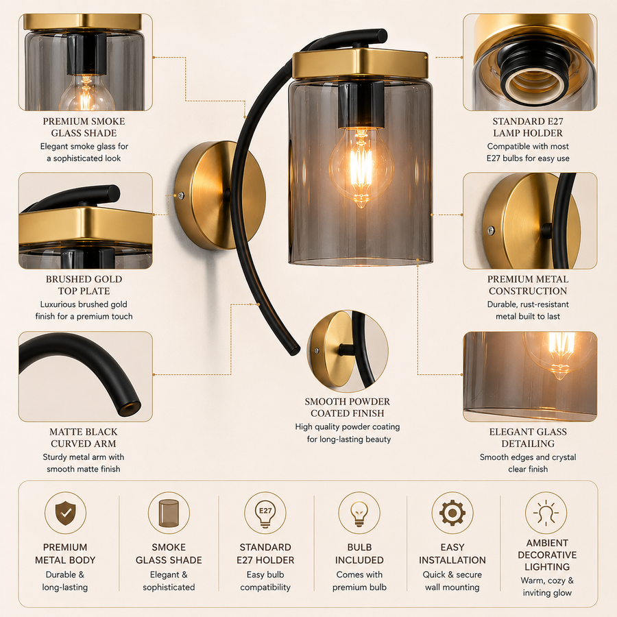 Modern Smoke Glass Wall Light with Gold & Black Metal Finish | E27 Bulb Included