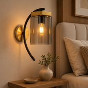 Modern Smoke Glass Wall Light with Gold & Black Metal Finish | E27 Bulb Included