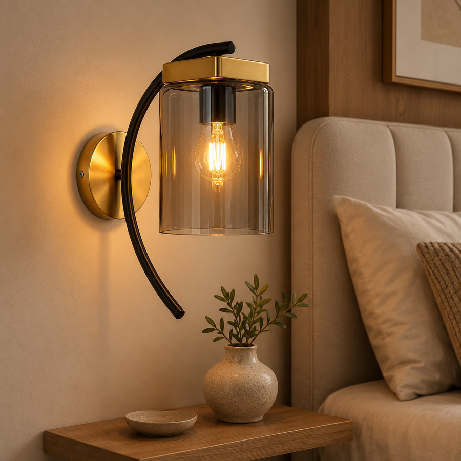 Modern Smoke Glass Wall Light with Gold & Black Metal Finish | E27 Bulb Included