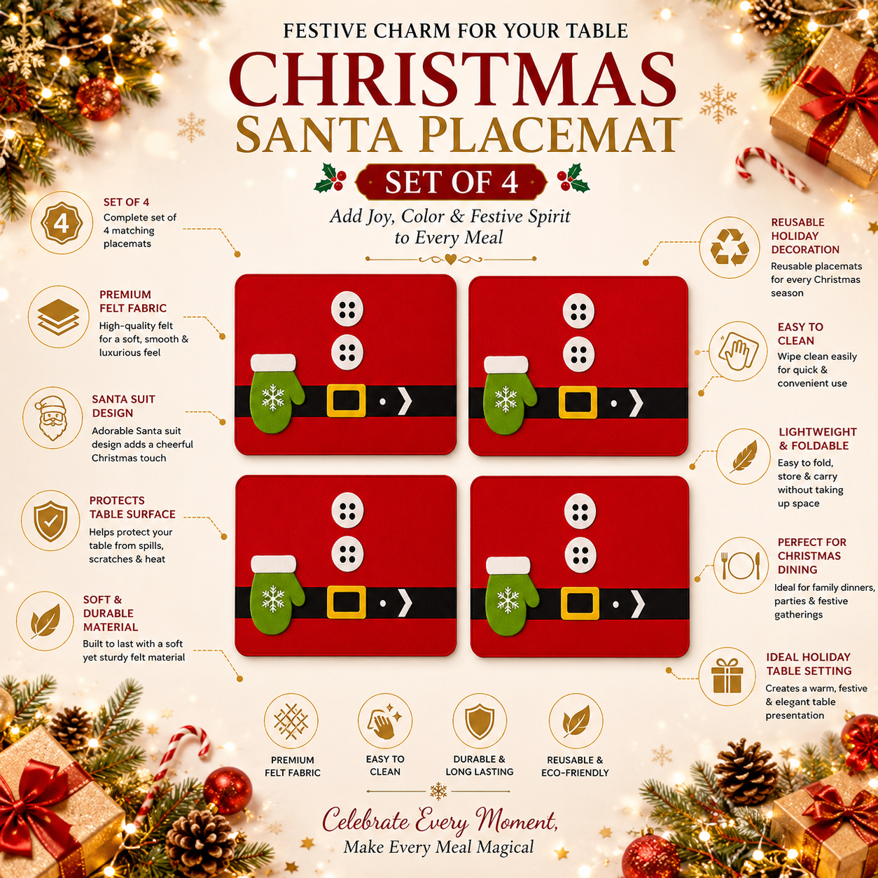 Christmas Santa Placemats Set of 4 – Felt Dining Table Mats