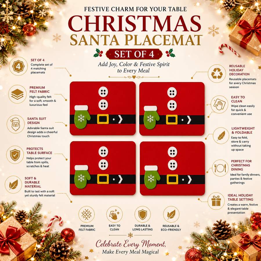 Christmas Santa Placemats Set of 4 – Felt Dining Table Mats