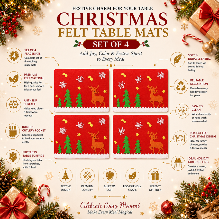 Christmas Felt Table Mats Set of 4 – Reindeer Holiday Placemats