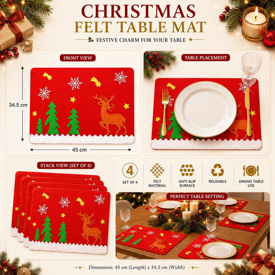 Christmas Felt Table Mats Set of 4 – Reindeer Holiday Placemats