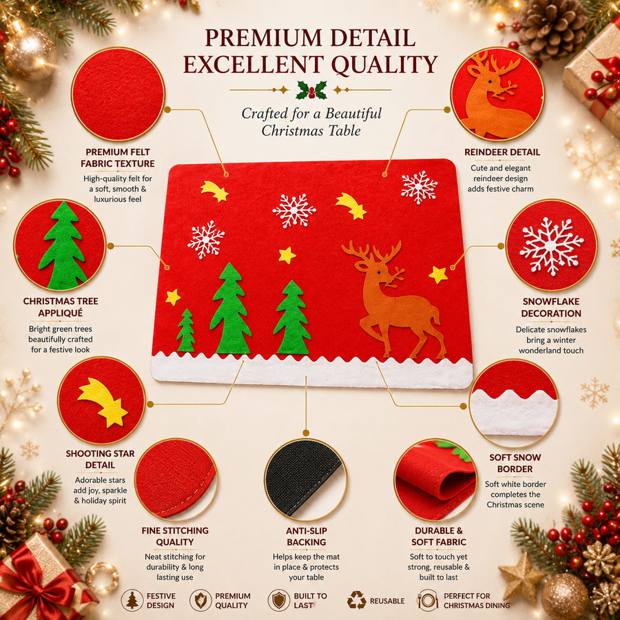 Christmas Felt Table Mats Set of 4 – Reindeer Holiday Placemats