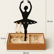 Wooden Jewellery Organizer with Metal Dancing Girl Stand | 20 × 9 × 16 cm Jewelry Box with Ring Slots & Earring Holder | Elegant Dressing Table Storage