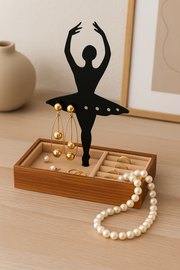 Wooden Jewellery Organizer with Metal Dancing Girl Stand | 20 × 9 × 16 cm Jewelry Box with Ring Slots & Earring Holder | Elegant Dressing Table Storage