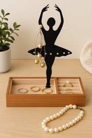 Wooden Jewellery Organizer with Metal Dancing Girl Stand | 20 × 9 × 16 cm Jewelry Box with Ring Slots & Earring Holder | Elegant Dressing Table Storage