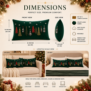 Christmas Tree Lumbar Cushion Set of 2 | Green Velvet Decorative Throw Pillows | 16 × 26 Inches