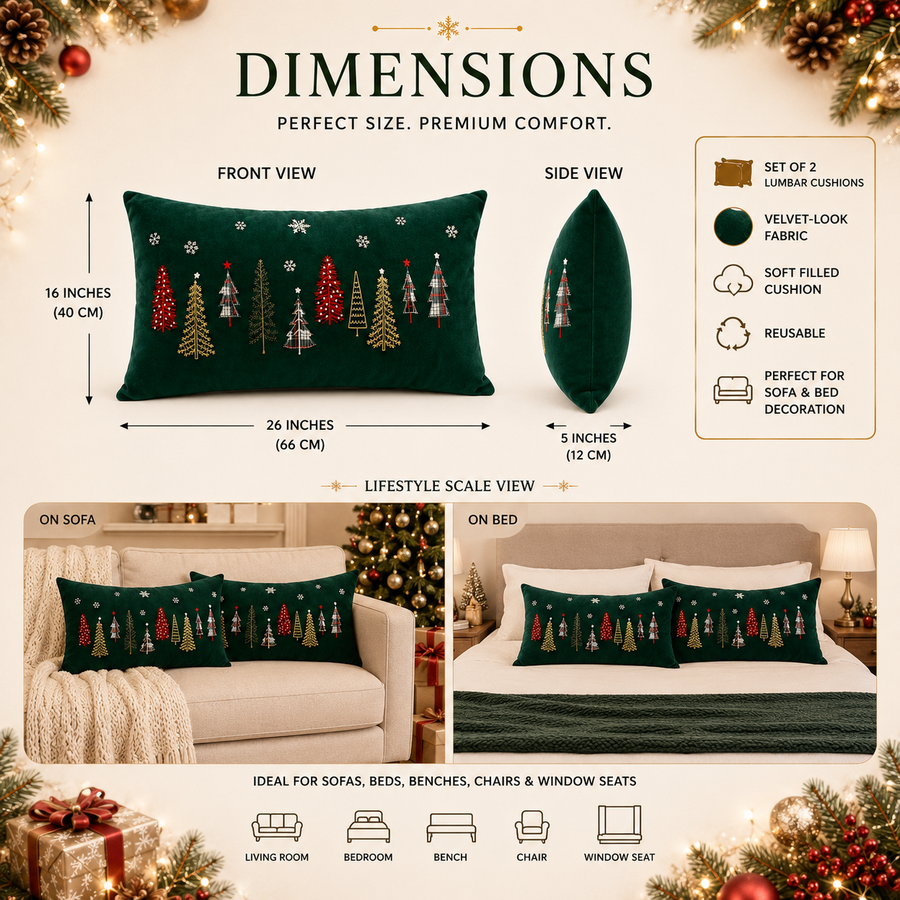 Christmas Tree Lumbar Cushion Set of 2 | Green Velvet Decorative Throw Pillows | 16 × 26 Inches