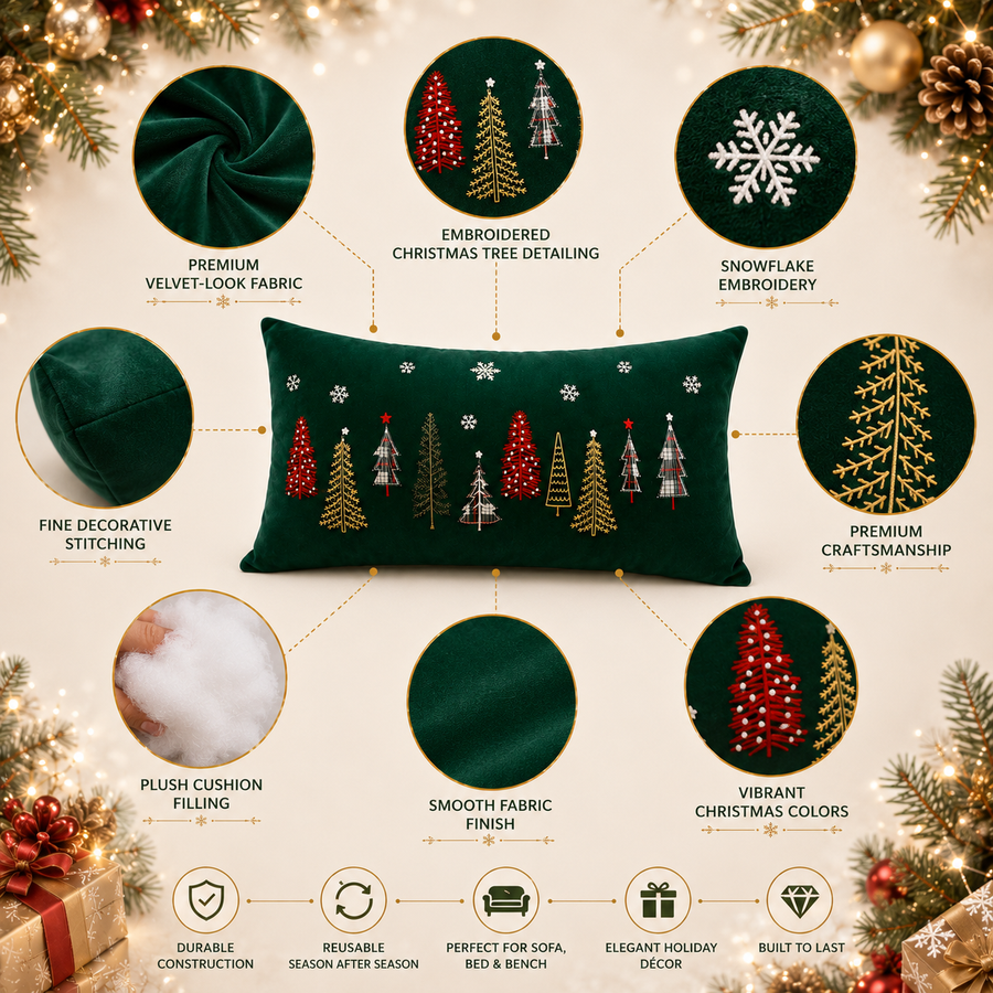 Christmas Tree Lumbar Cushion Set of 2 | Green Velvet Decorative Throw Pillows | 16 × 26 Inches