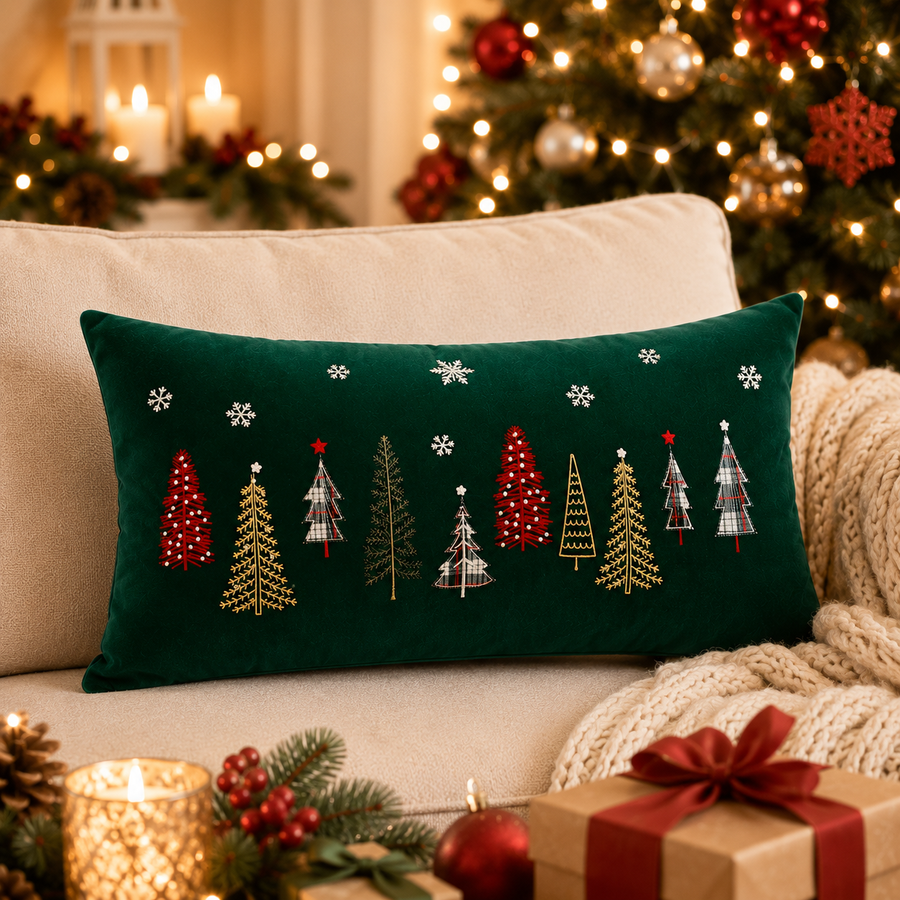 Christmas Tree Lumbar Cushion Set of 2 | Green Velvet Decorative Throw Pillows | 16 × 26 Inches