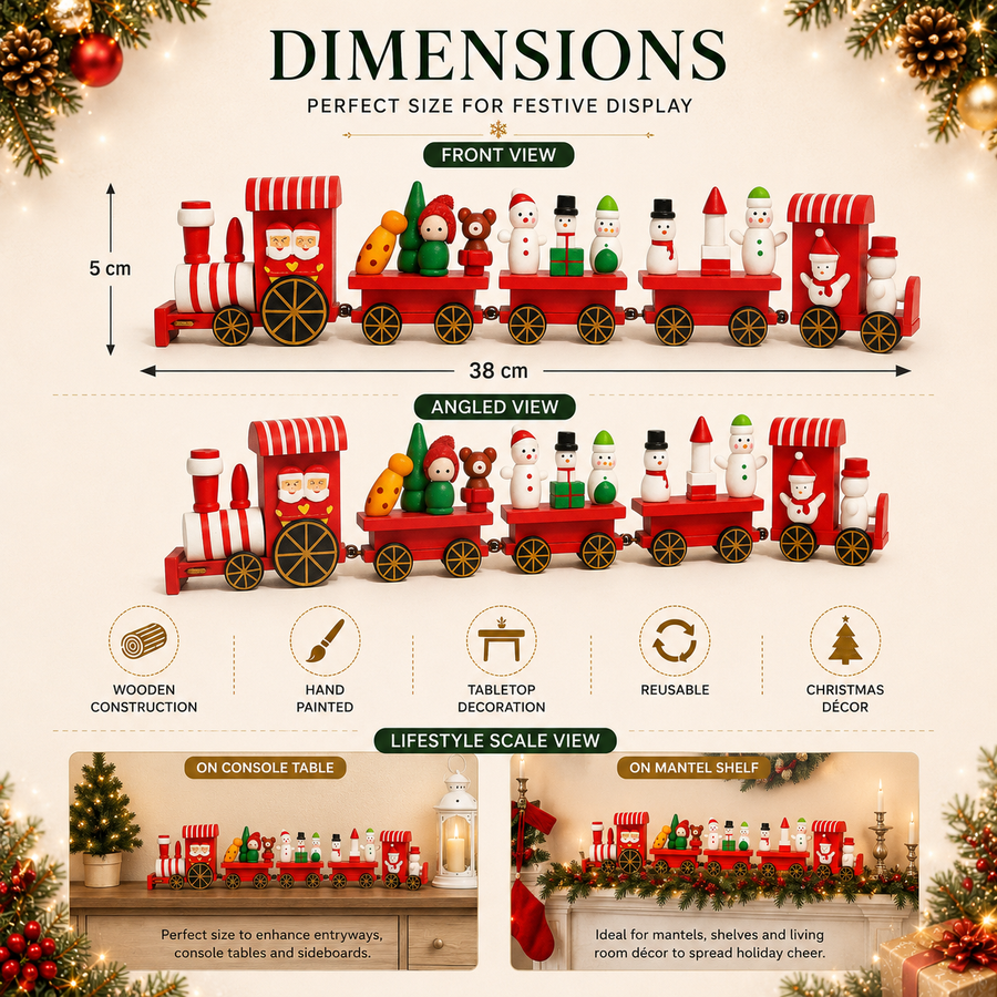 Wooden Christmas Toy Train with Santa & Snowmen | 38 cm Hand-Painted Tabletop Decoration
