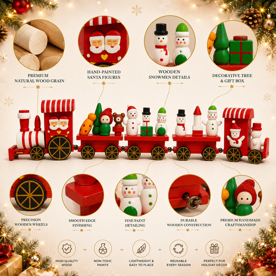 Wooden Christmas Toy Train with Santa & Snowmen | 38 cm Hand-Painted Tabletop Decoration