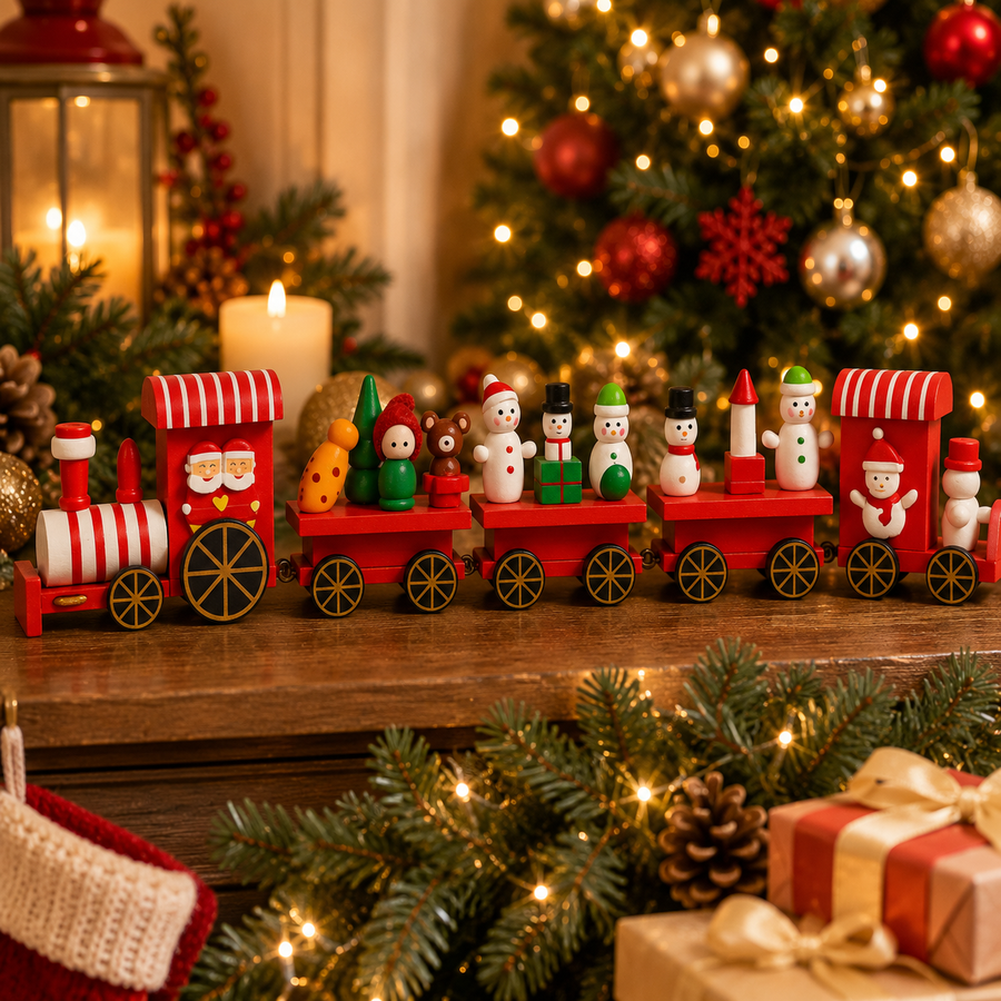 Wooden Christmas Toy Train with Santa & Snowmen | 38 cm Hand-Painted Tabletop Decoration