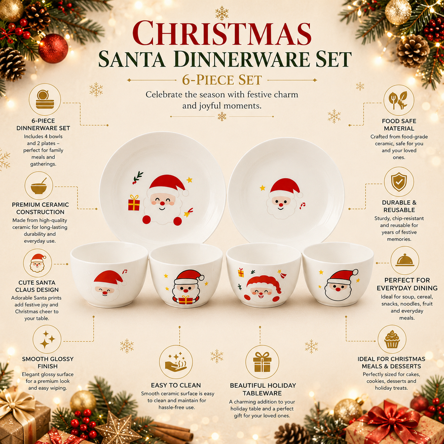 Christmas Santa Ceramic Dinnerware Set | 6-Piece Bowl & Plate Set | Festive Christmas Tableware