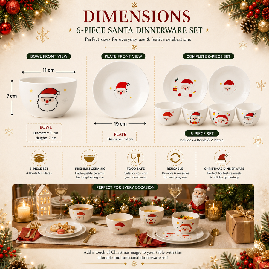 Christmas Santa Ceramic Dinnerware Set | 6-Piece Bowl & Plate Set | Festive Christmas Tableware