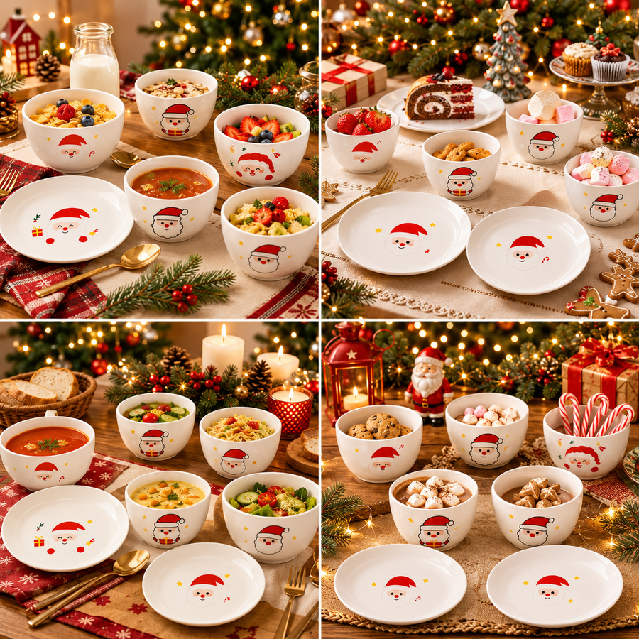 Christmas Santa Ceramic Dinnerware Set | 6-Piece Bowl & Plate Set | Festive Christmas Tableware
