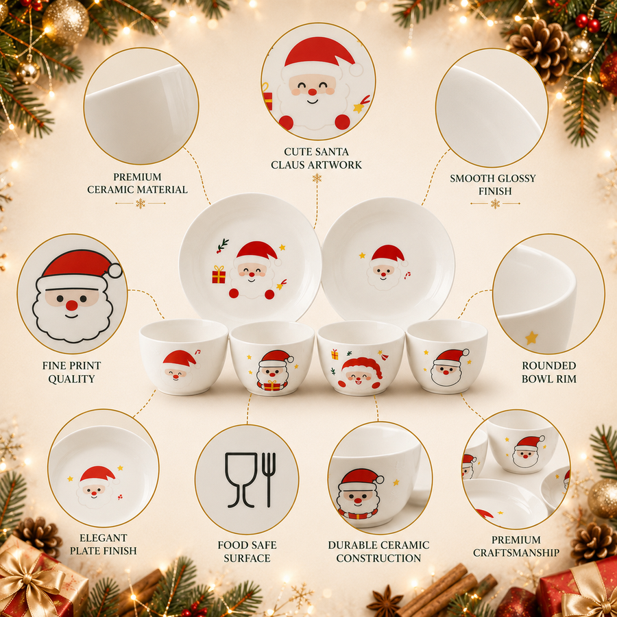 Christmas Santa Ceramic Dinnerware Set | 6-Piece Bowl & Plate Set | Festive Christmas Tableware