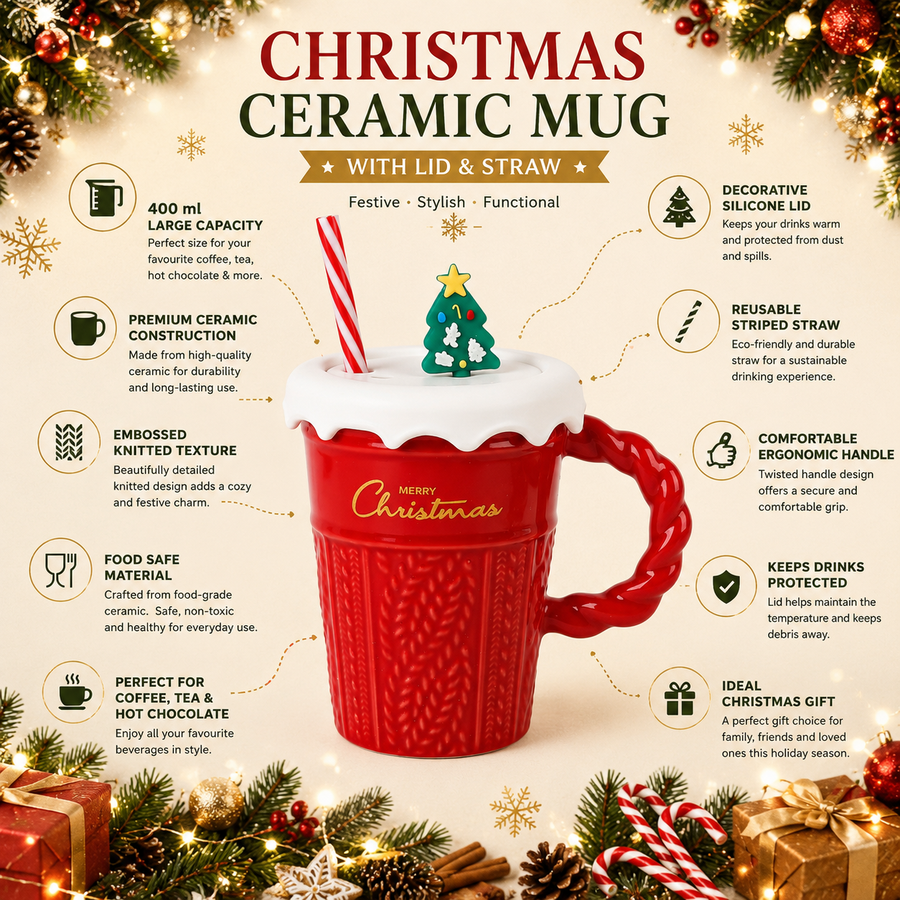 Christmas Ceramic Mug with Lid & Straw | 400 ml Coffee Mug with Silicone Lid | Reusable Straw | Holiday Gift Mug