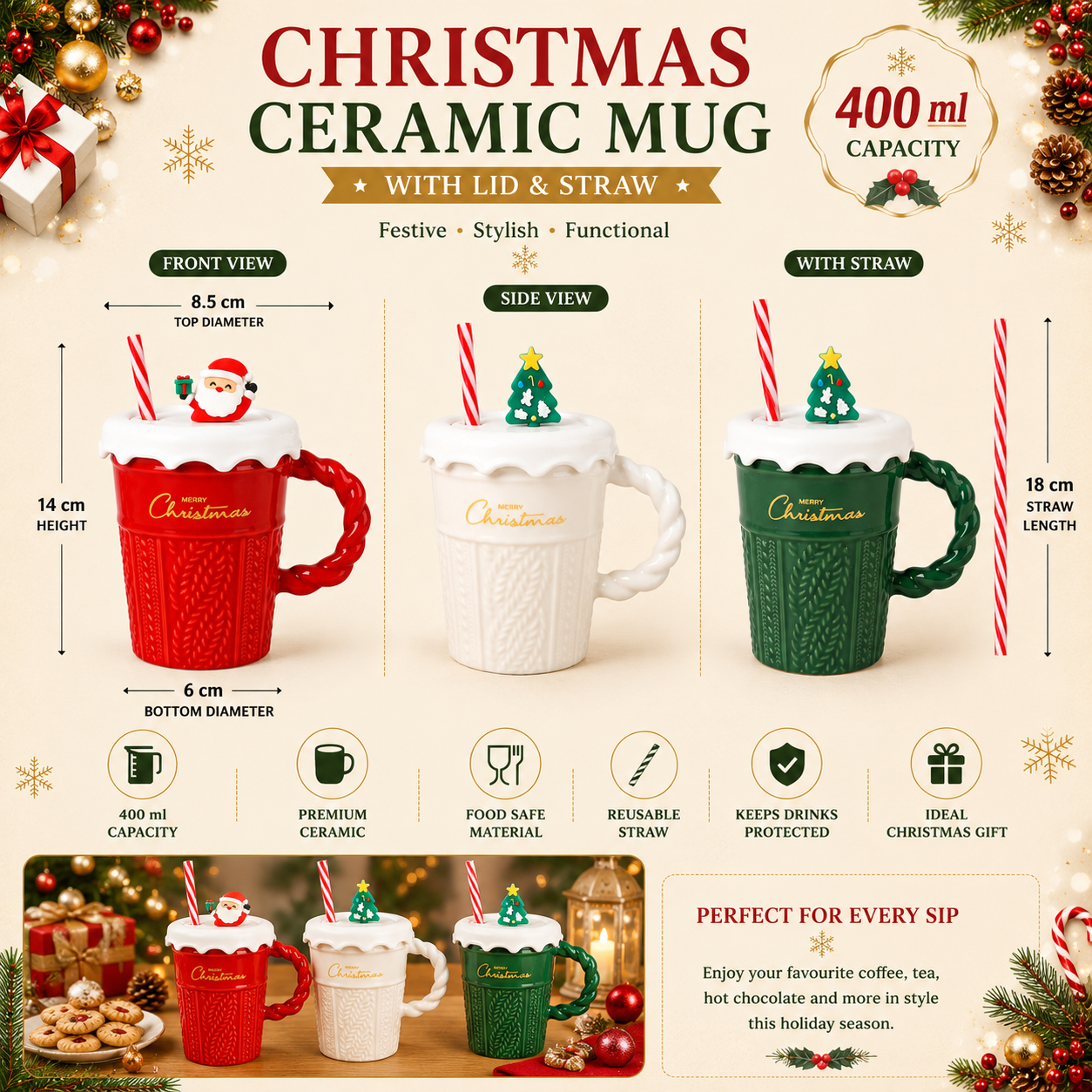 Christmas Ceramic Mug with Lid & Straw | 400 ml Coffee Mug with Silicone Lid | Reusable Straw | Holiday Gift Mug