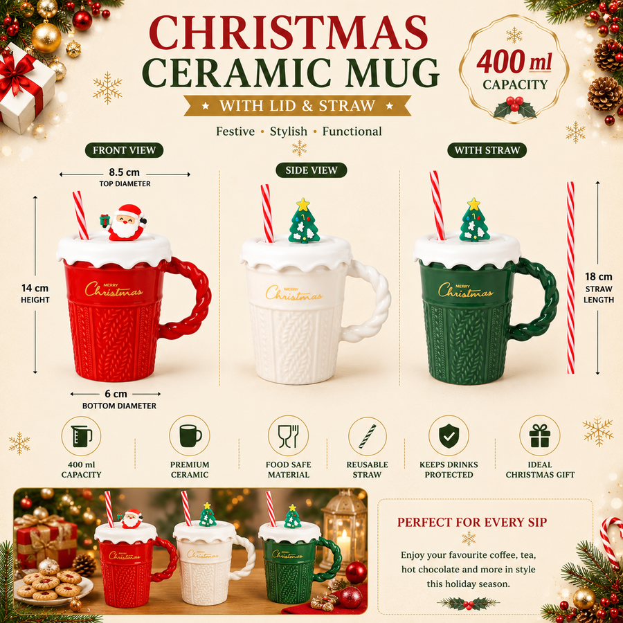 Christmas Ceramic Mug with Lid & Straw | 400 ml Coffee Mug with Silicone Lid | Reusable Straw | Holiday Gift Mug