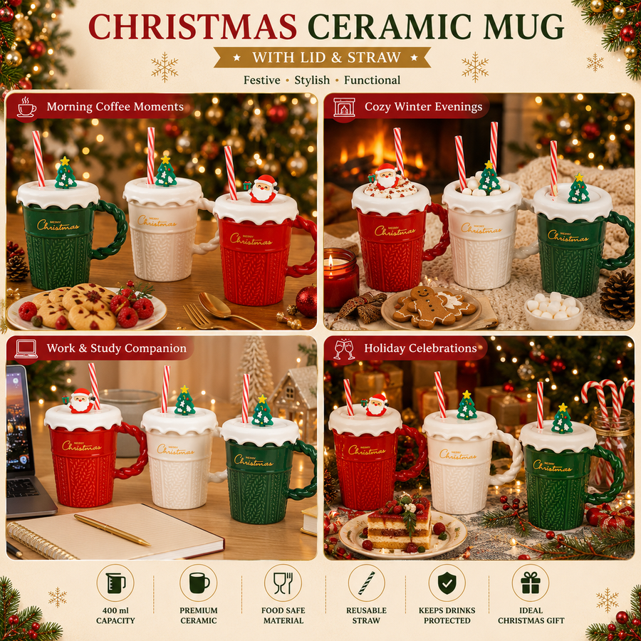 Christmas Ceramic Mug with Lid & Straw | 400 ml Coffee Mug with Silicone Lid | Reusable Straw | Holiday Gift Mug