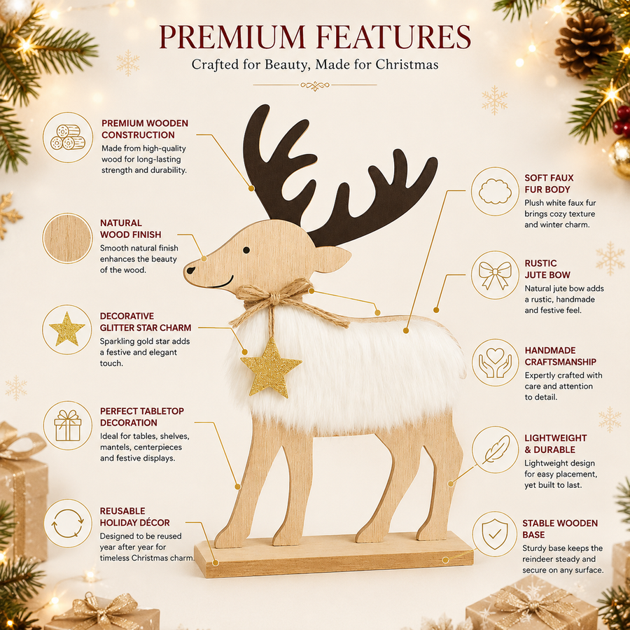 Wooden Christmas Reindeer Table Decoration | Faux Fur Rustic Holiday Décor