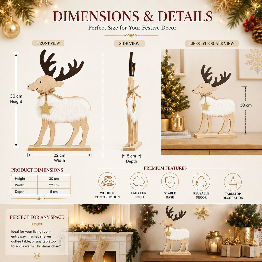 Wooden Christmas Reindeer Table Decoration | Faux Fur Rustic Holiday Décor