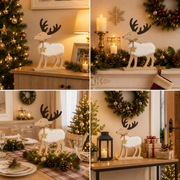 Wooden Christmas Reindeer Table Decoration | Faux Fur Rustic Holiday Décor