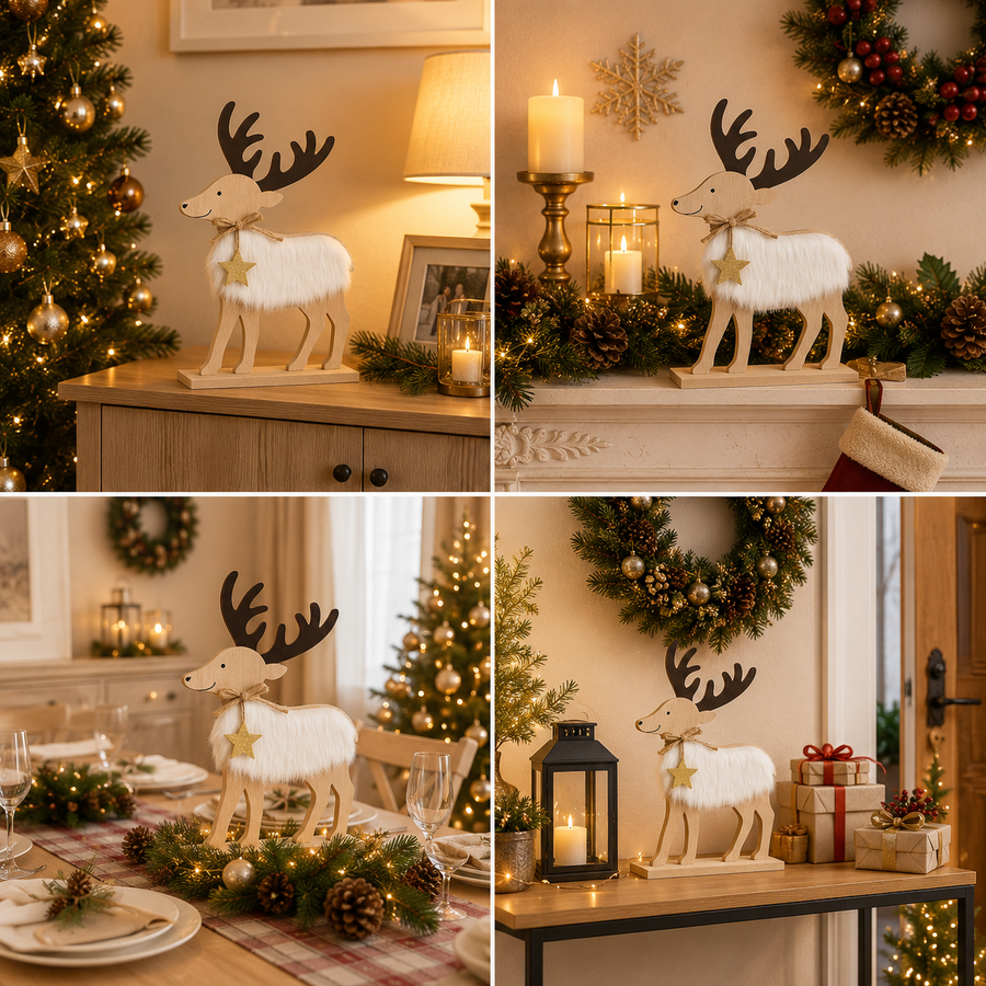 Wooden Christmas Reindeer Table Decoration | Faux Fur Rustic Holiday Décor