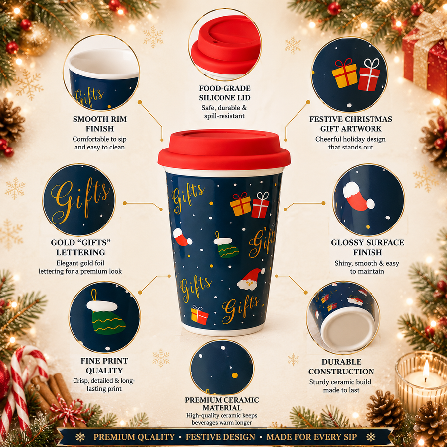 Christmas Ceramic Mug with Red Silicone Lid – 400 ml Coffee & Tea Cup