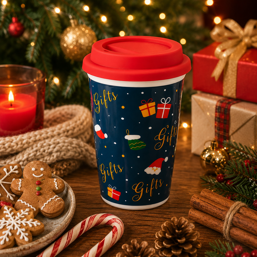 Christmas Ceramic Mug with Red Silicone Lid – 400 ml Coffee & Tea Cup