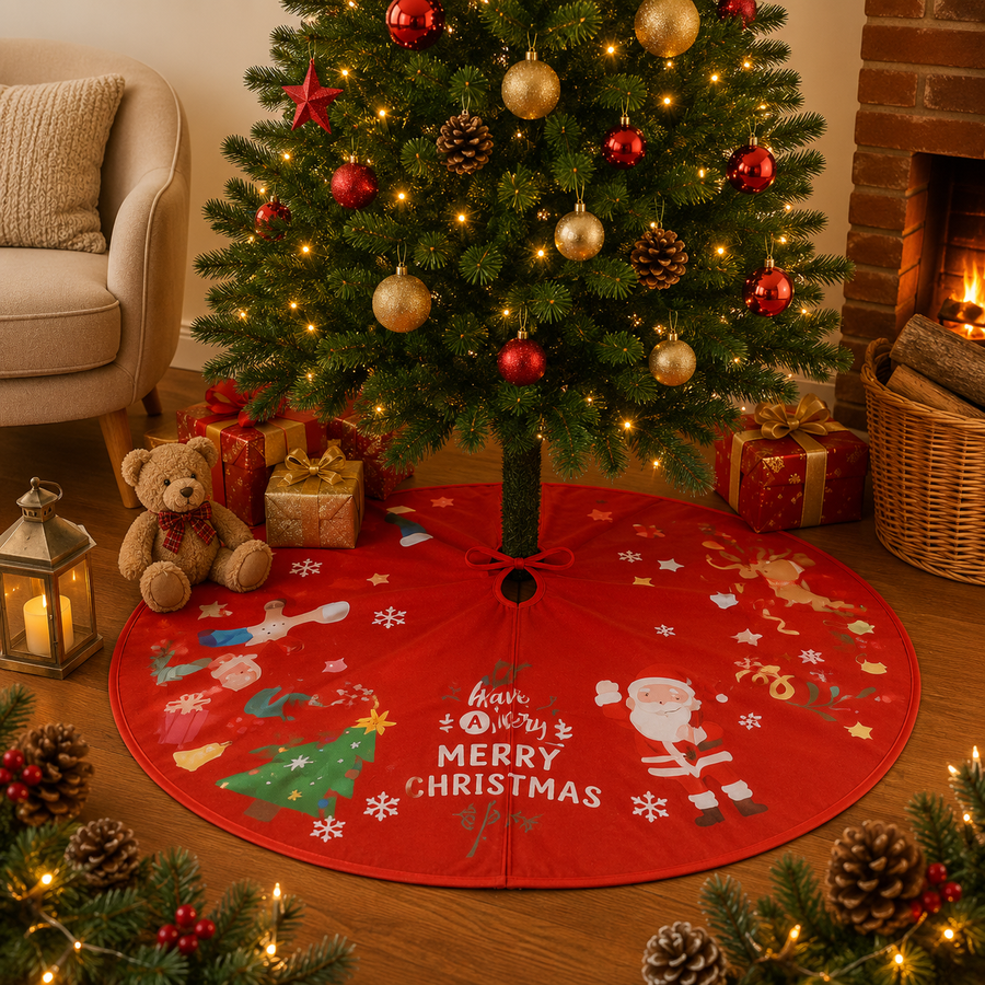 90 cm Christmas Tree Skirt Mat | Red Christmas Tree Base Cover | Soft Fabric Holiday Tree Skirt with Santa Print