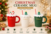 Christmas Ceramic Mug with Lid & Straw | 400 ml Coffee Mug with Silicone Lid | Reusable Straw | Holiday Gift Mug