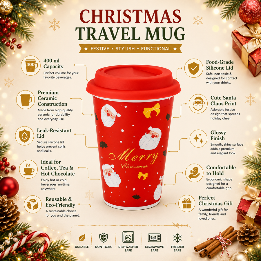 Christmas Ceramic Travel Mug with Silicone Lid | 400 ml Reusable Coffee Cup | Merry Christmas Design