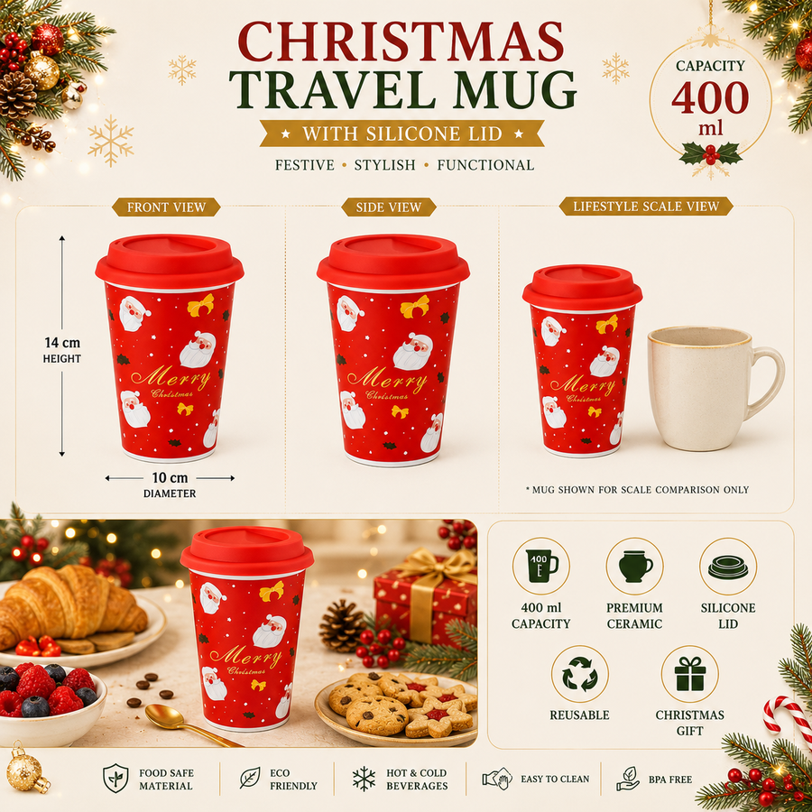 Christmas Ceramic Travel Mug with Silicone Lid | 400 ml Reusable Coffee Cup | Merry Christmas Design